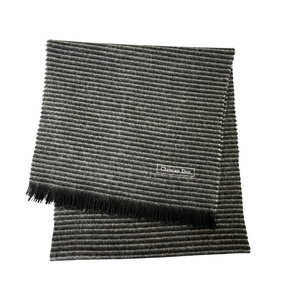 Vintage Christian Dior Merino Wool Striped Scarf Black/Gray 12x52